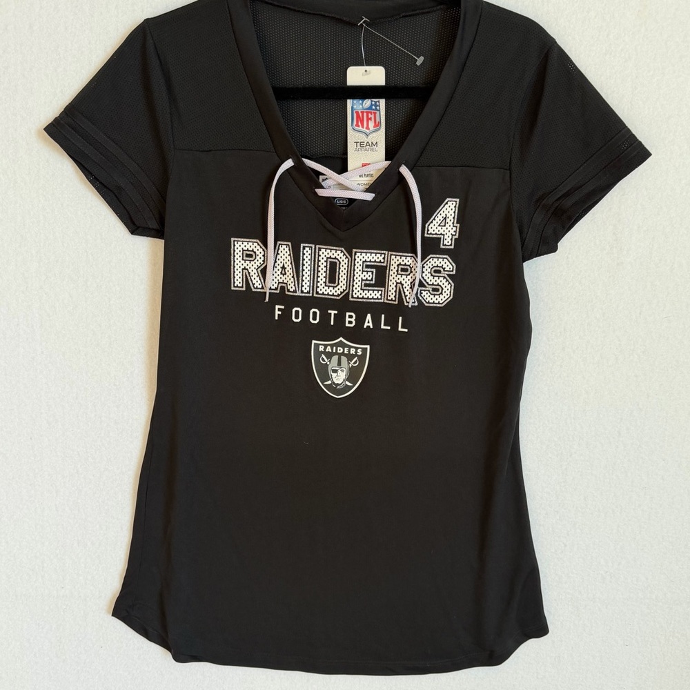 Women's NFL Team Apparel Raiders Football Rally V-Neck Lace Mesh Shirt